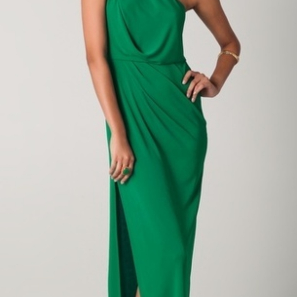BCBG Max Azria Green One Shoulder Floor Length Dress.  Size S.  Fits large.